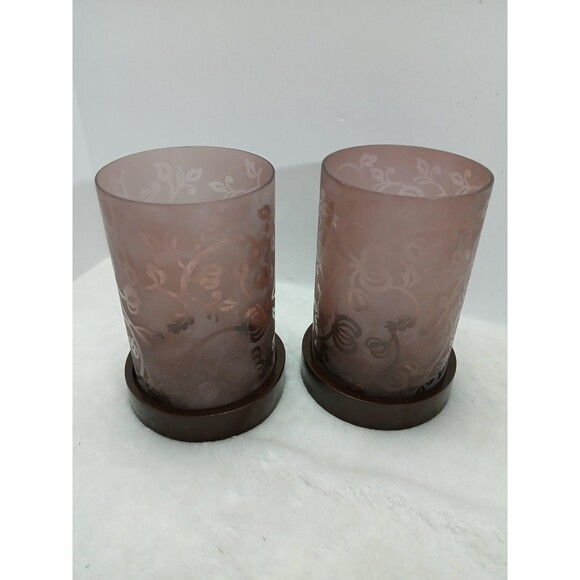 ​Pair Elements Mauve Frosted Etched Floral Glass Candle Holders Wood Base - Picture 3 of 6